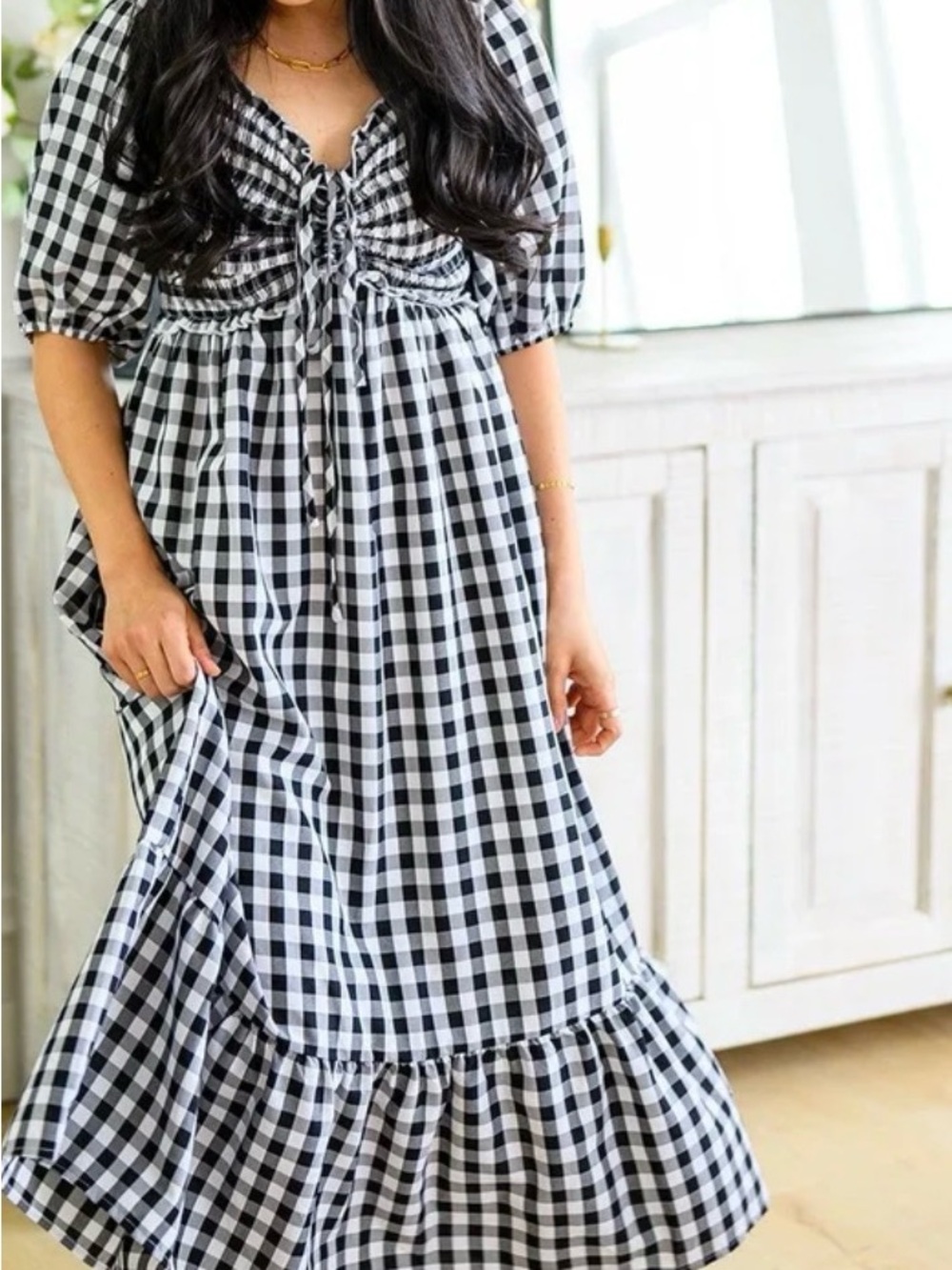 Andree by Unit Greenville Gingham Smocked Midi Dress Black White Puff Sleeve